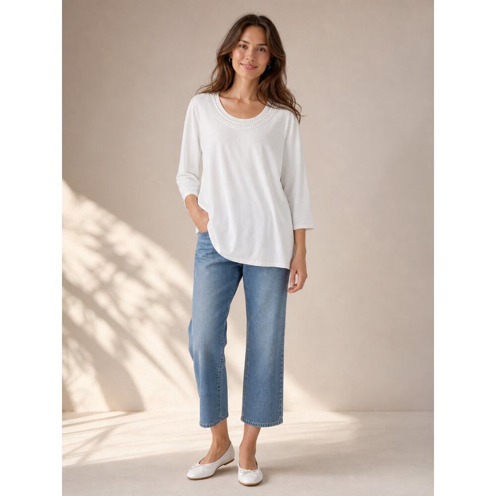 Coldwater Creek White Embellished Supima Cotton Top 1X 18 3/4 Sleeve